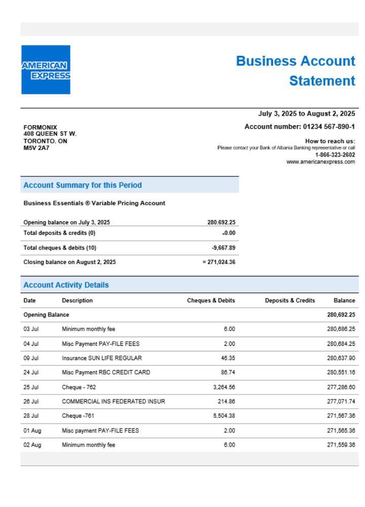 Modèle Word et PDF de relevé de compte d'entreprise American Express Air Miles